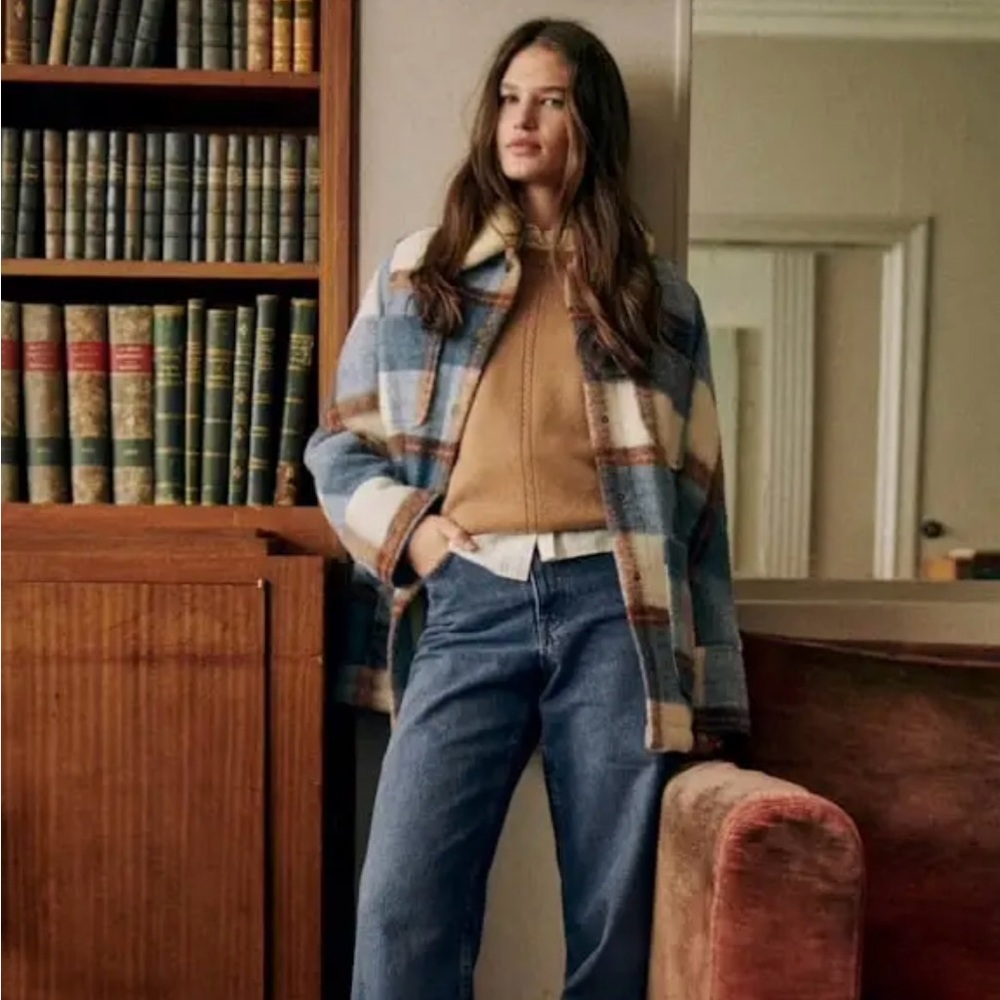 Sezane Blue and Tan Plaid Utility Jacket